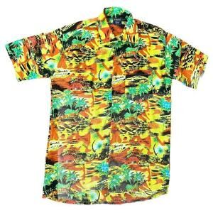 Roundy Bay Mens M Hawaiian Print Camp Shirt Brown Yellow‎ Orange Geometric EUC